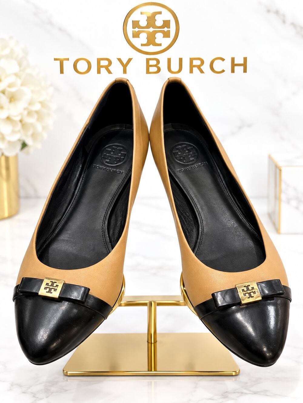 Tory Burch Cap-Toe Ballet Flats Tan Black Leather Bow Women’s 8.5M